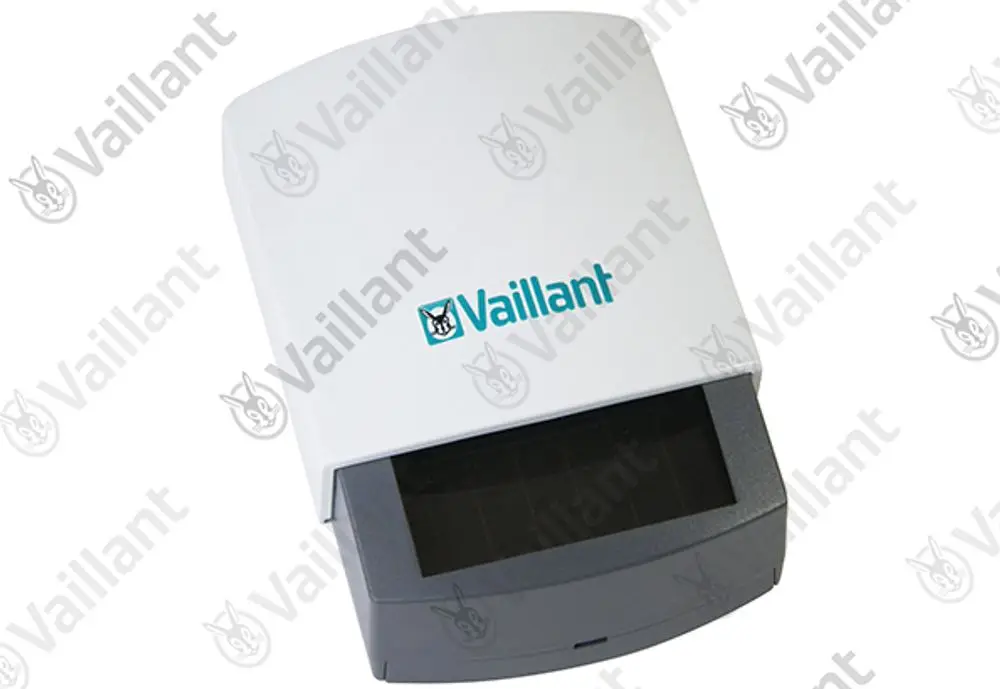 Vaillant Funkaußenfühler in weißer und grauer Ausführung, quadratisches Gehäuse mit Sensorfläche, geeignet für die Temperaturmessung im Außenbereich.